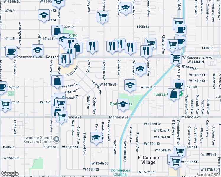 map of restaurants, bars, coffee shops, grocery stores, and more near 3634 West 147th Street in Hawthorne