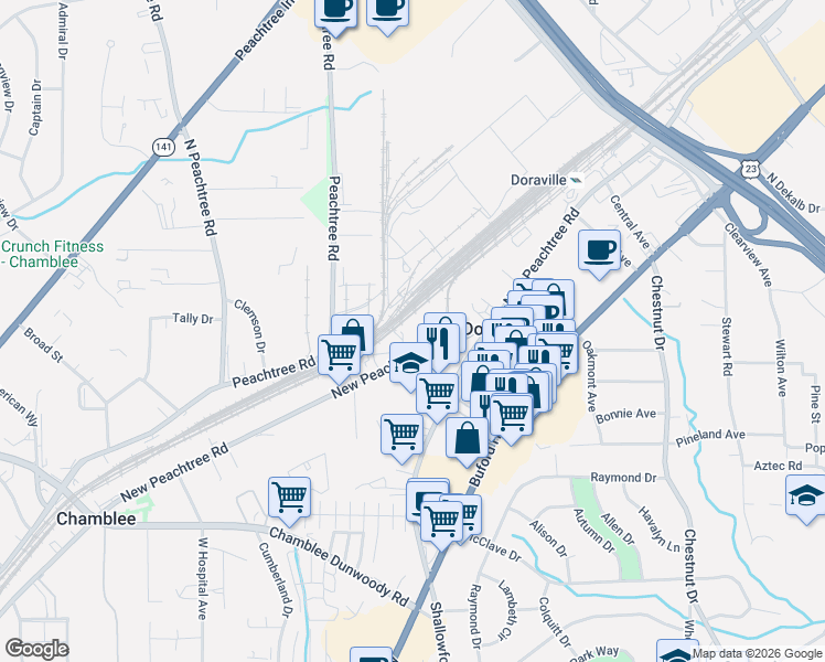 map of restaurants, bars, coffee shops, grocery stores, and more near 5796 New Peachtree Road in Doraville