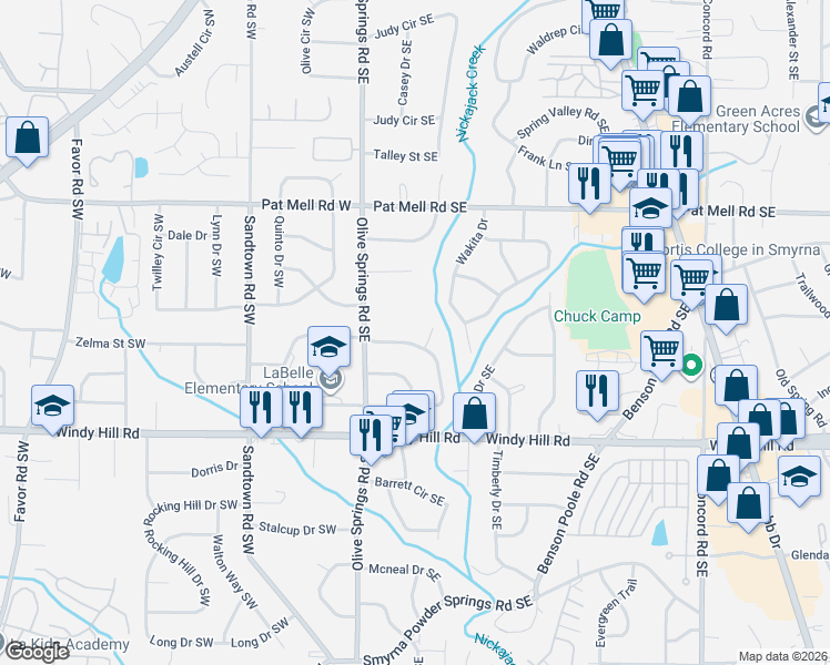 map of restaurants, bars, coffee shops, grocery stores, and more near 140 Larose Circle Southeast in Marietta