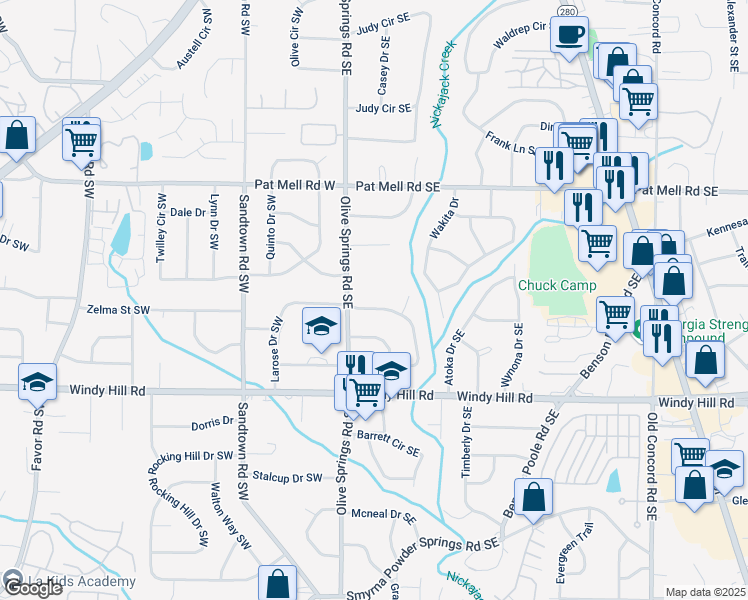 map of restaurants, bars, coffee shops, grocery stores, and more near 140 Larose Circle Southeast in Marietta