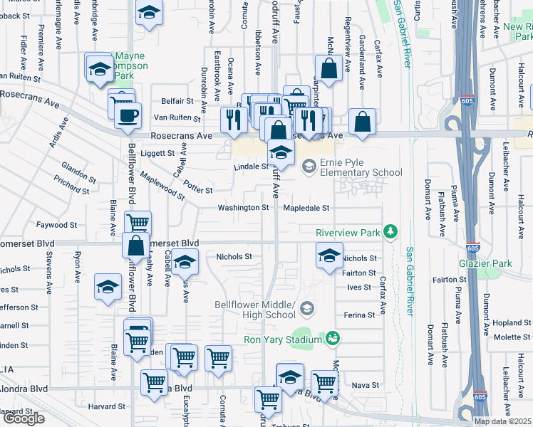 map of restaurants, bars, coffee shops, grocery stores, and more near 14706 Woodruff Place in Bellflower