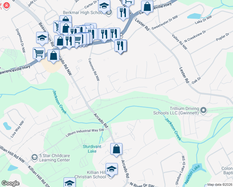 map of restaurants, bars, coffee shops, grocery stores, and more near 285 Tambec Trce Northwest in Lilburn
