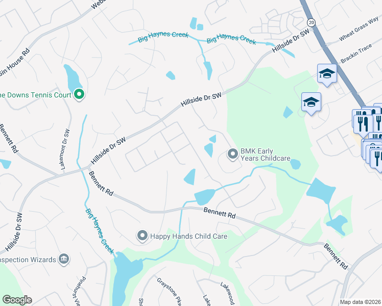 map of restaurants, bars, coffee shops, grocery stores, and more near 1355 Mount McKinley Drive in Grayson