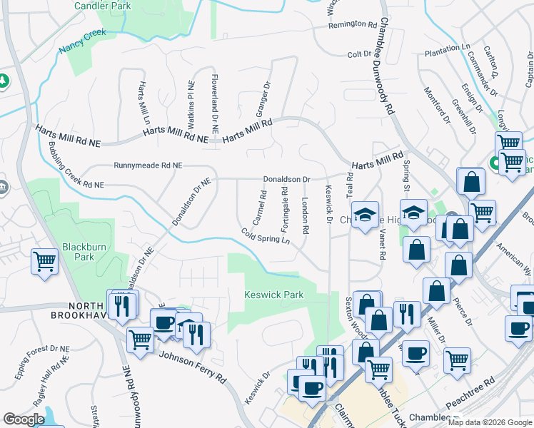 map of restaurants, bars, coffee shops, grocery stores, and more near 3639 Carmel Rd in Chamblee
