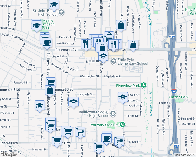 map of restaurants, bars, coffee shops, grocery stores, and more near 14706 Woodruff Place in Bellflower