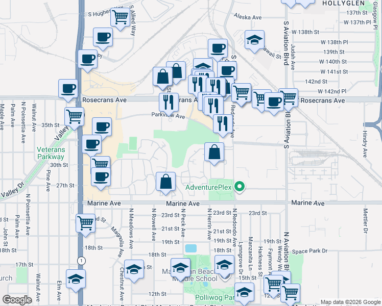 map of restaurants, bars, coffee shops, grocery stores, and more near 5 Tiburon Court in Manhattan Beach