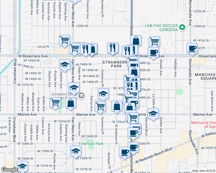 map of restaurants, bars, coffee shops, grocery stores, and more near 1933 West 147th Street in Gardena