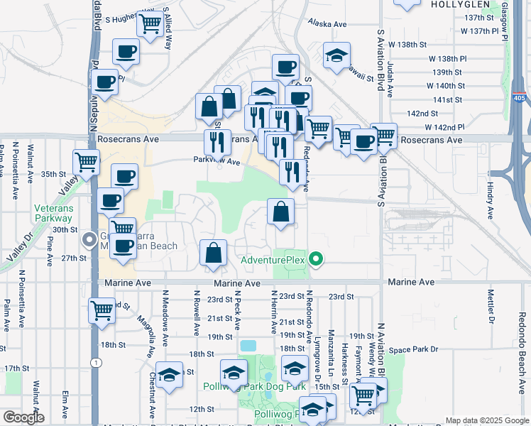 map of restaurants, bars, coffee shops, grocery stores, and more near 23 Santa Rosa Court in Manhattan Beach