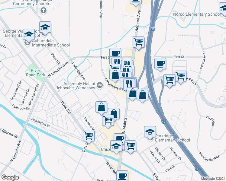 map of restaurants, bars, coffee shops, grocery stores, and more near 1256-1398 Mountain Ave in Norco