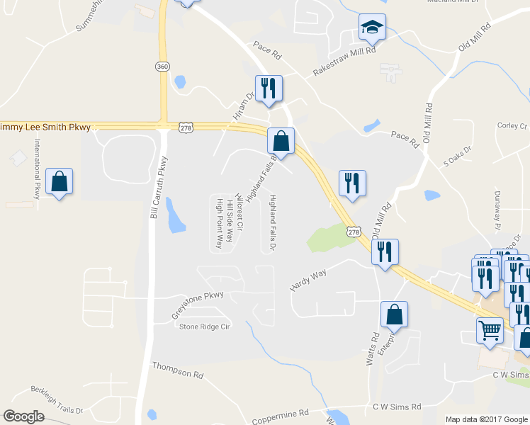 map of restaurants, bars, coffee shops, grocery stores, and more near 466 Highland Falls Drive in Hiram