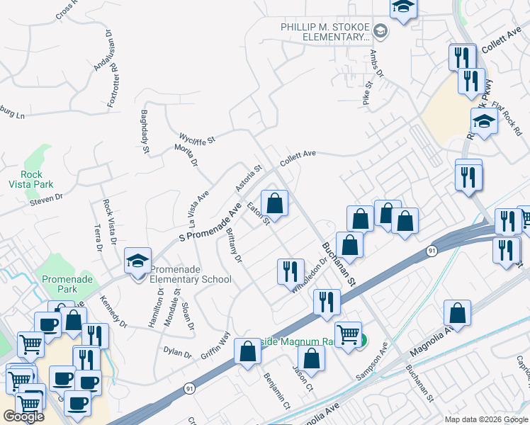 map of restaurants, bars, coffee shops, grocery stores, and more near 567 Eaton Street in Corona