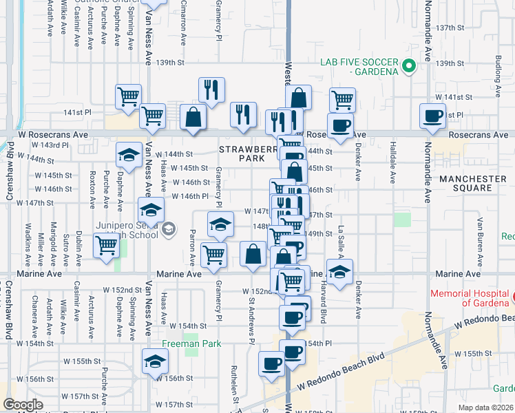 map of restaurants, bars, coffee shops, grocery stores, and more near 1853 West 147th Street in Gardena
