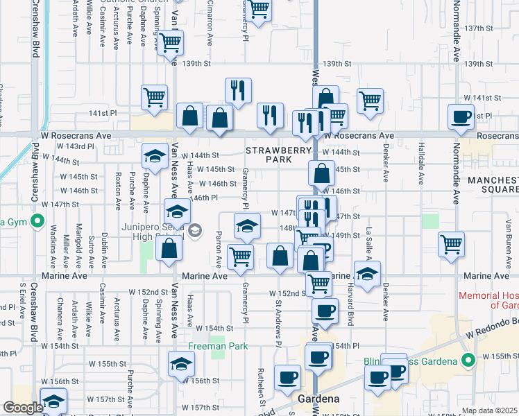 map of restaurants, bars, coffee shops, grocery stores, and more near 1933 West 147th Street in Gardena