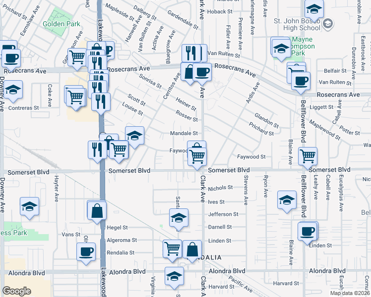 map of restaurants, bars, coffee shops, grocery stores, and more near 9327 Faywood Street in Bellflower