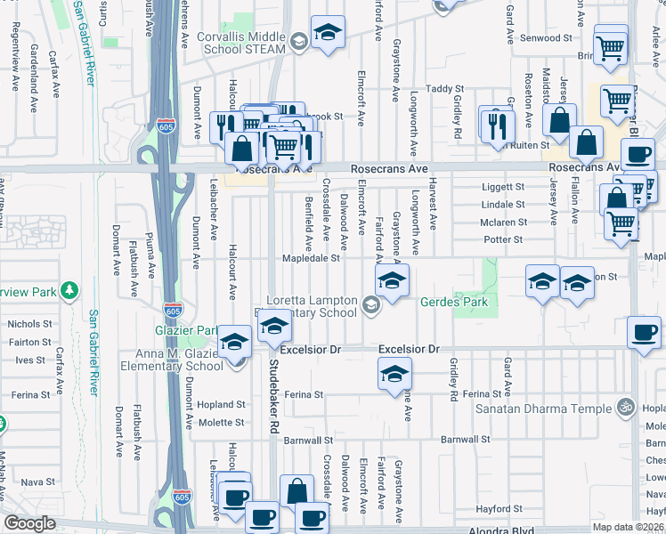 map of restaurants, bars, coffee shops, grocery stores, and more near 14603 Dalwood Avenue in Norwalk