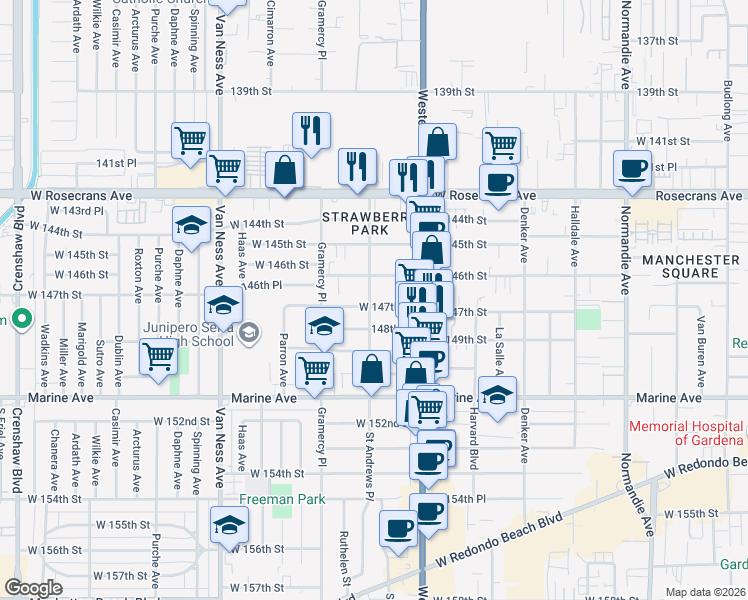 map of restaurants, bars, coffee shops, grocery stores, and more near 14620 Saint Andrews Place in Gardena