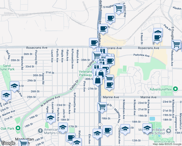 map of restaurants, bars, coffee shops, grocery stores, and more near 3108 Elm Avenue in Manhattan Beach