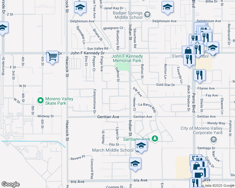 map of restaurants, bars, coffee shops, grocery stores, and more near 24408 Katrina Avenue in Moreno Valley