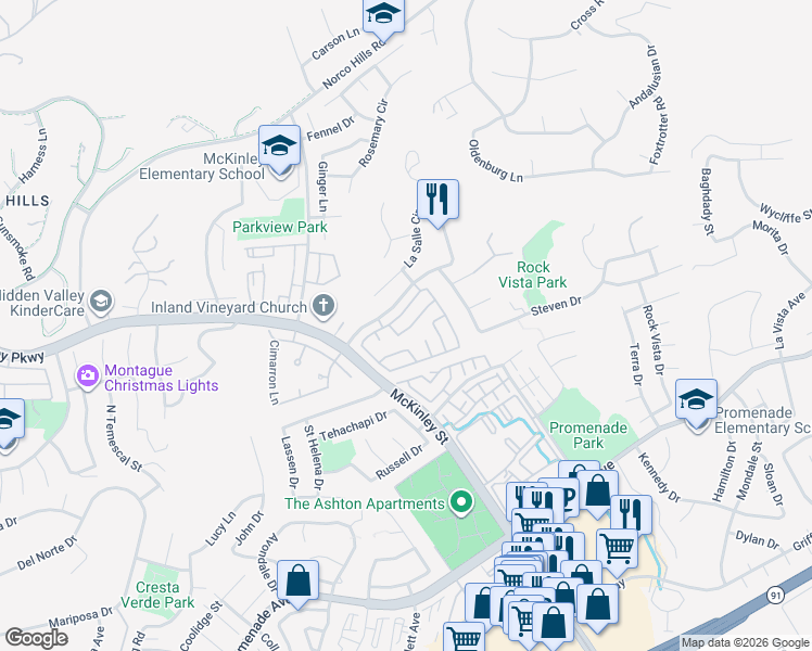 map of restaurants, bars, coffee shops, grocery stores, and more near 2251 Dorado Street in Corona