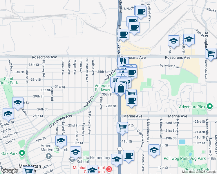 map of restaurants, bars, coffee shops, grocery stores, and more near 3108 Elm Avenue in Manhattan Beach