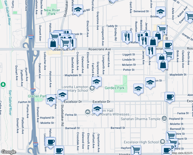 map of restaurants, bars, coffee shops, grocery stores, and more near 11266 Mapledale Street in Norwalk