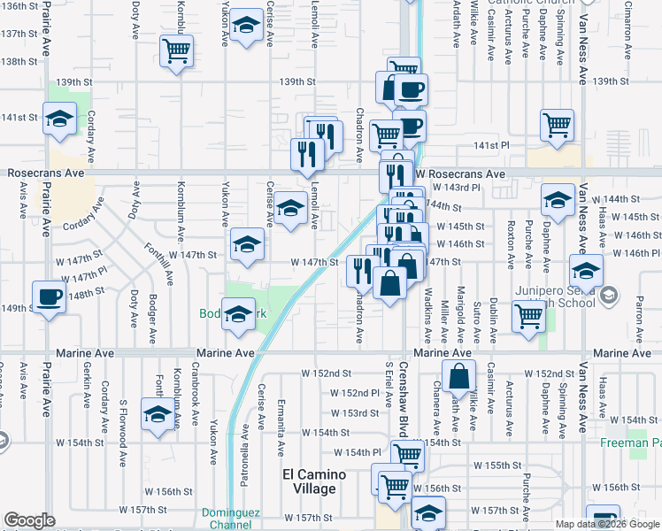 map of restaurants, bars, coffee shops, grocery stores, and more near 3234 West 147th Street in Gardena