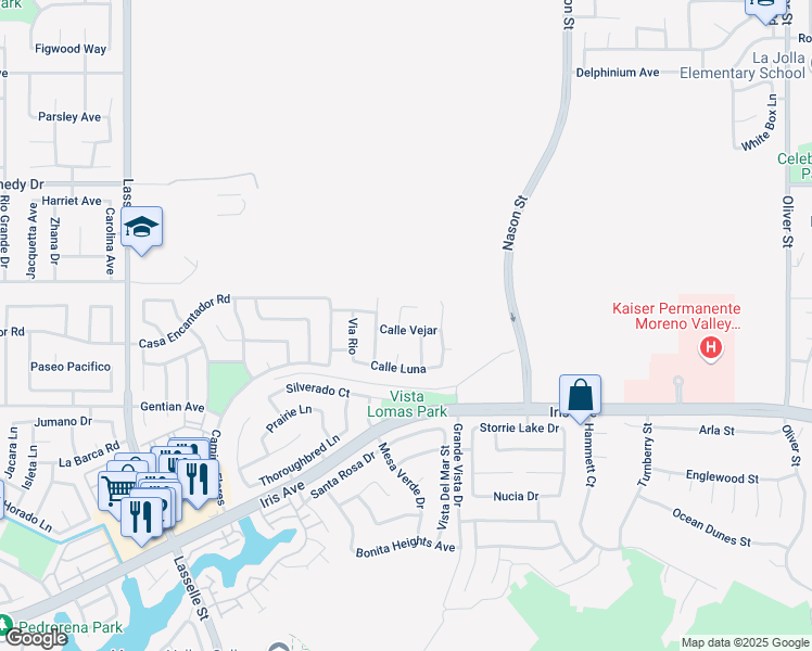 map of restaurants, bars, coffee shops, grocery stores, and more near 15338 Via Maravilla in Moreno Valley