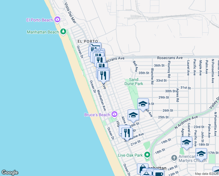 map of restaurants, bars, coffee shops, grocery stores, and more near 320 33rd Street in Manhattan Beach