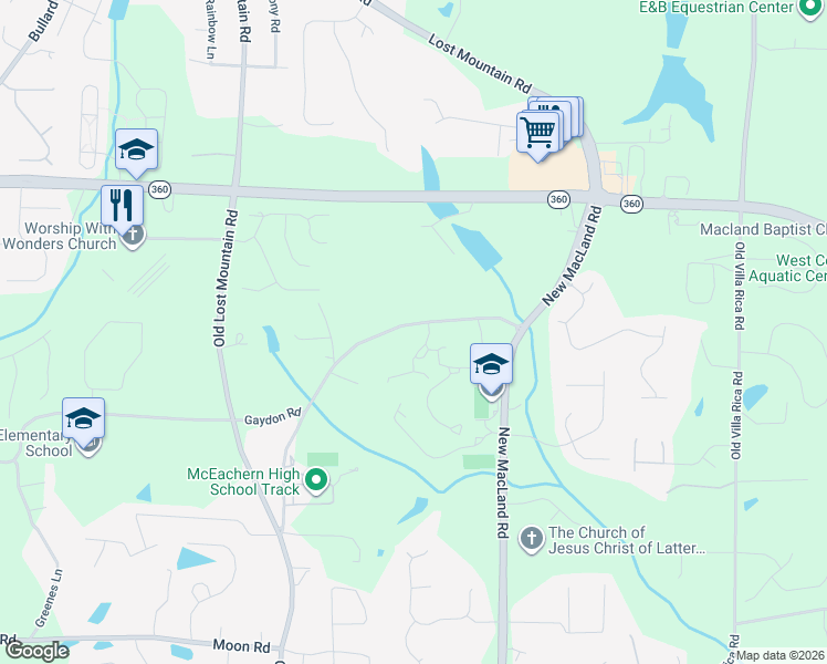 map of restaurants, bars, coffee shops, grocery stores, and more near 4315 Gaydon Road in Powder Springs