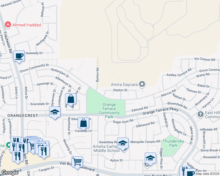 map of restaurants, bars, coffee shops, grocery stores, and more near 20078 Dayton Street in Riverside