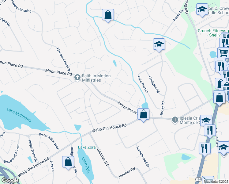 map of restaurants, bars, coffee shops, grocery stores, and more near 1915 Milfield Circle in Snellville