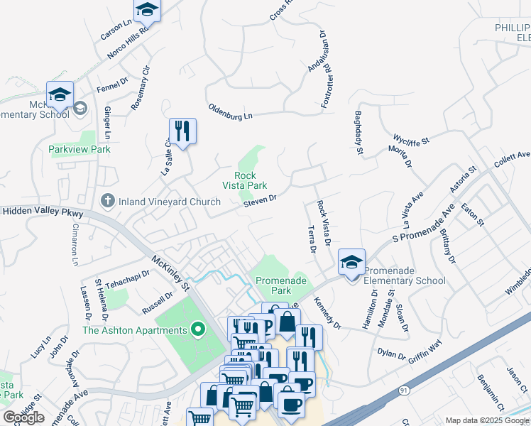 map of restaurants, bars, coffee shops, grocery stores, and more near 2421 Lenai Circle in Corona
