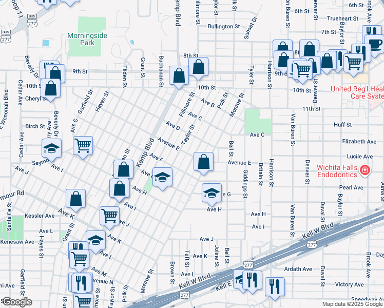 map of restaurants, bars, coffee shops, grocery stores, and more near 1414 Polk Street in Wichita Falls