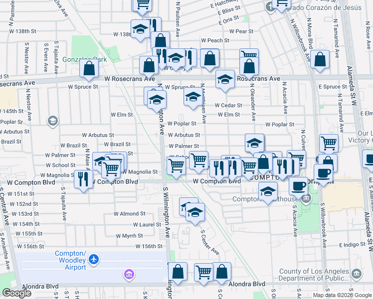 map of restaurants, bars, coffee shops, grocery stores, and more near 640 West Palmer Street in Compton