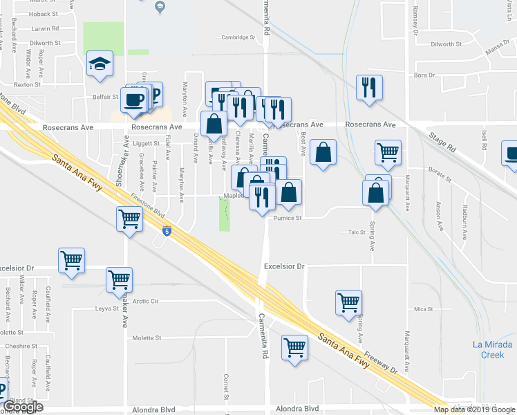 map of restaurants, bars, coffee shops, grocery stores, and more near 14611 Carmenita Road in Norwalk
