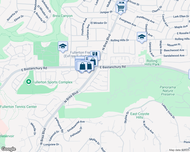 map of restaurants, bars, coffee shops, grocery stores, and more near 2583 Mill Lane in Fullerton