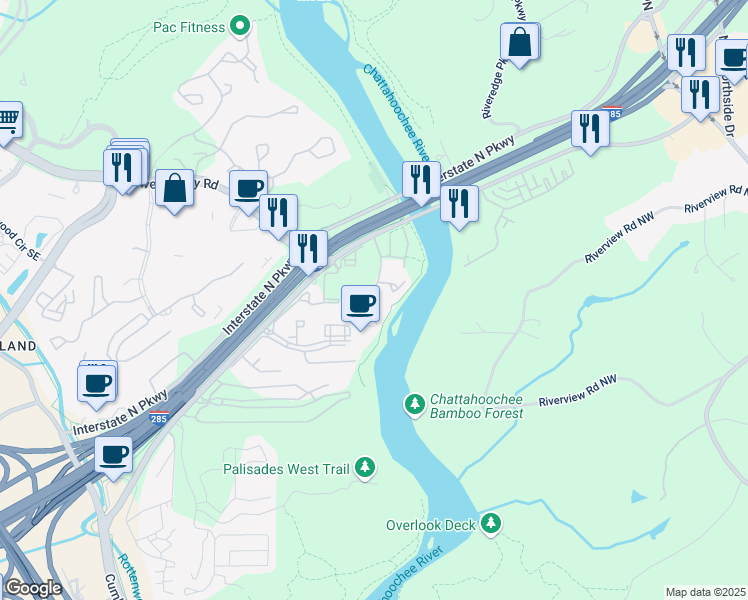 map of restaurants, bars, coffee shops, grocery stores, and more near 1026 Riverbend Club Drive Southeast in Atlanta