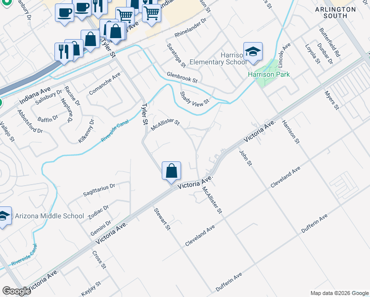 map of restaurants, bars, coffee shops, grocery stores, and more near 2828 McAllister St in Riverside