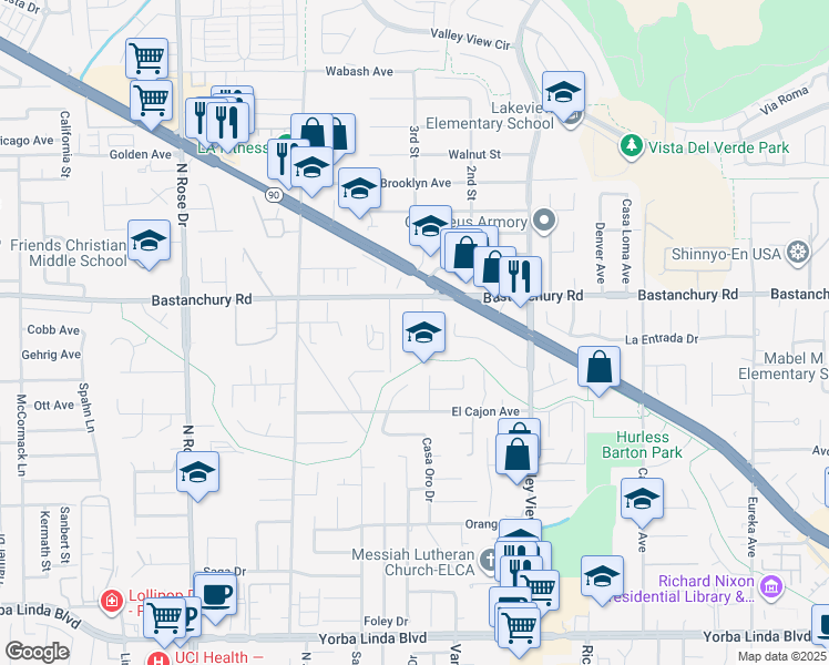 map of restaurants, bars, coffee shops, grocery stores, and more near 4245 Citrus Circle in Yorba Linda