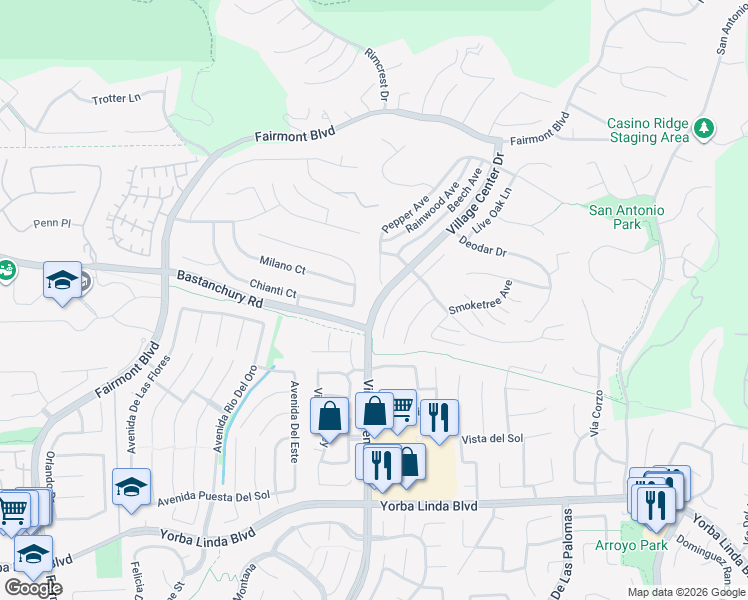 map of restaurants, bars, coffee shops, grocery stores, and more near 4341 Pepper Avenue in Yorba Linda