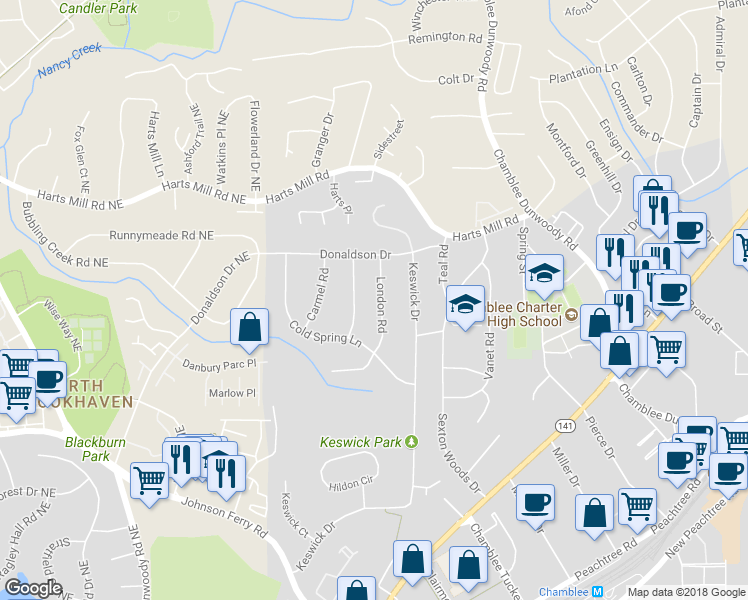 map of restaurants, bars, coffee shops, grocery stores, and more near 3642 London Rd in Chamblee