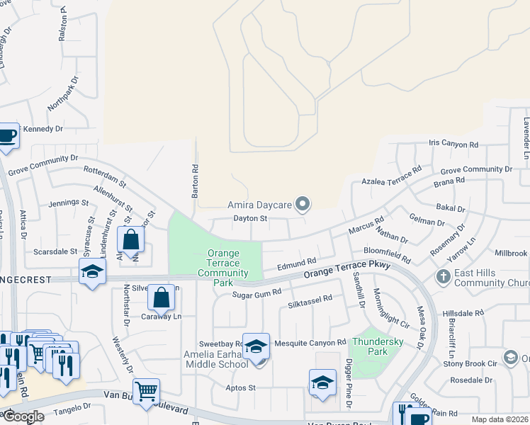 map of restaurants, bars, coffee shops, grocery stores, and more near 20232 Dayton Street in Riverside