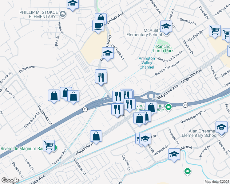 map of restaurants, bars, coffee shops, grocery stores, and more near 11830 Pierce Street in Riverside