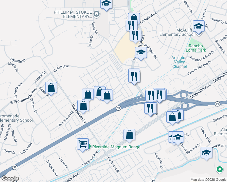 map of restaurants, bars, coffee shops, grocery stores, and more near in Riverside