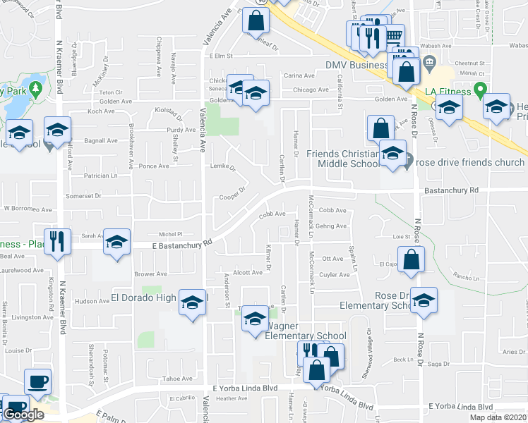 map of restaurants, bars, coffee shops, grocery stores, and more near 706 Longfellow Drive in Placentia