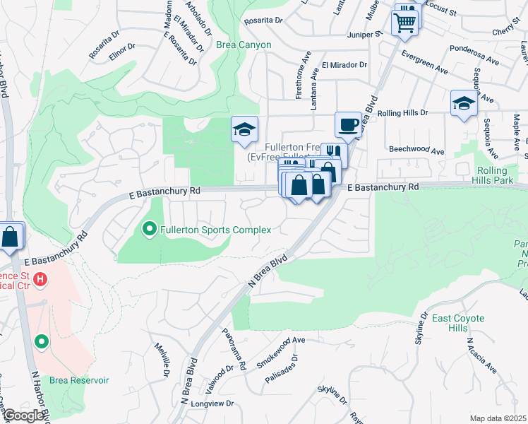 map of restaurants, bars, coffee shops, grocery stores, and more near 800 Morningside Drive in Fullerton