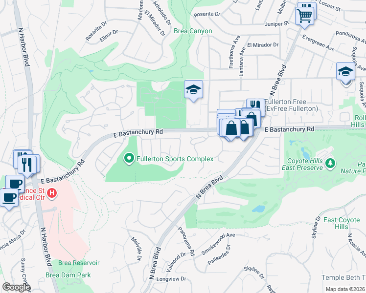 map of restaurants, bars, coffee shops, grocery stores, and more near 684 Poplar Street in Fullerton