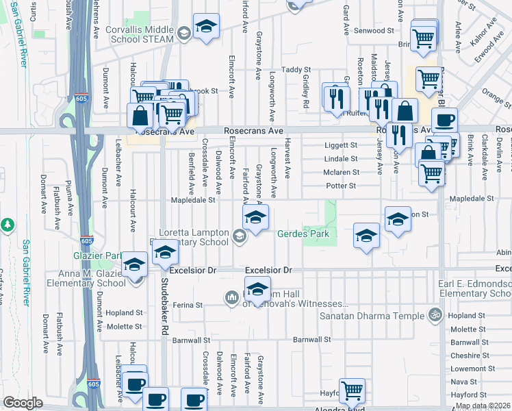 map of restaurants, bars, coffee shops, grocery stores, and more near 11266 Mapledale Street in Norwalk