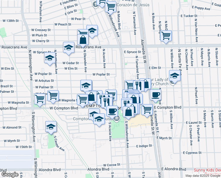 map of restaurants, bars, coffee shops, grocery stores, and more near 307 West Palmer Street in Compton