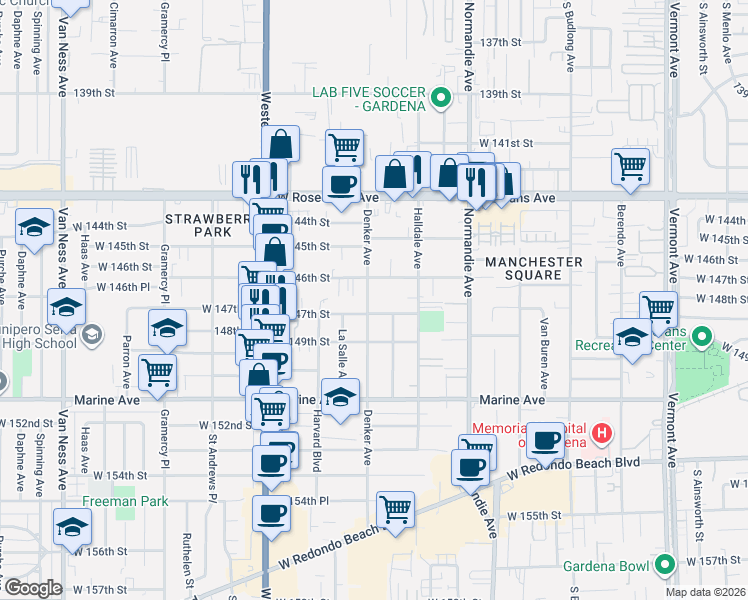 map of restaurants, bars, coffee shops, grocery stores, and more near 14615 Denker Avenue in Gardena